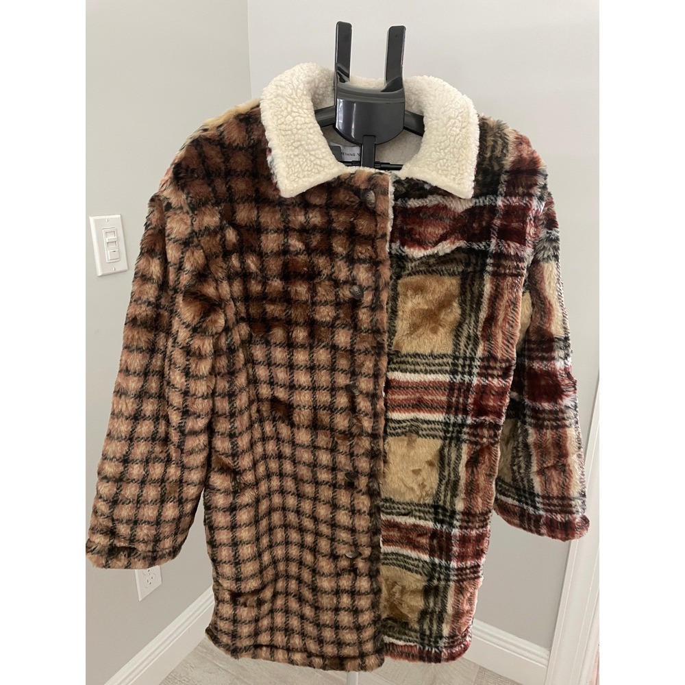 Something Navy Faux Fur Contrast Plaid Coat Brown Camel Medium MSRP $375
